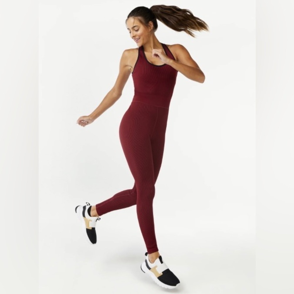 Love & Sports Seamless Unitard Leggings Maroon Black Ribbed Activewear XL